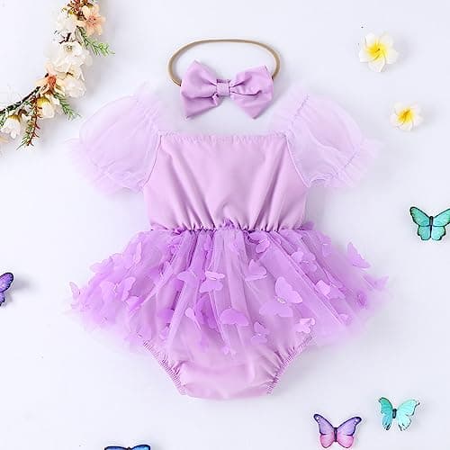 Baby Girl 1st Birthday Butterfly Romper Dress with Headband