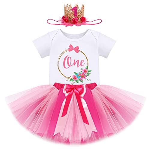 IBTOM CASTLE Baby Girl 1st Birthday Floral Lace Romper & Tutu Set+Crown Photo Clothes