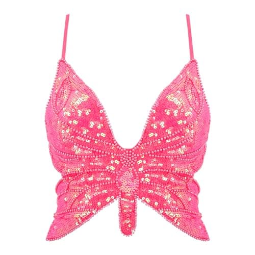 Glitter Sequin Butterfly Crop Top for Women