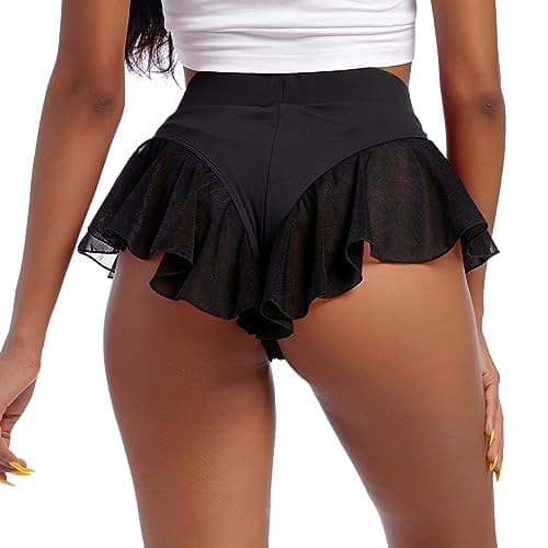 IMEKIS Women Pole Dance Shorts - Rave Bottoms with Ruffles Mesh