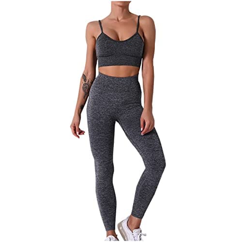 Fartey High-Waist Seamless Leggings Matching Backless Strappy Sports Bras Yoga Running Set