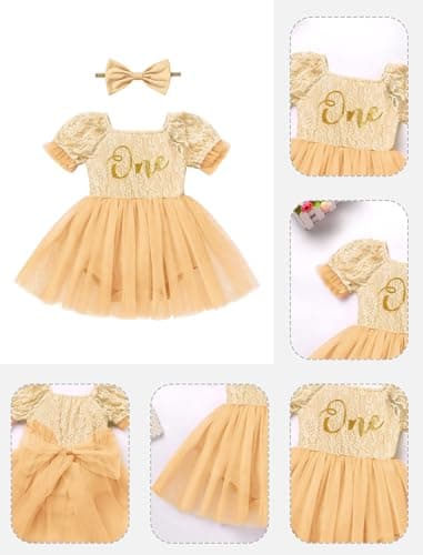 IMEKIS Baby Girl 1st Birthday Tulle Romper with Headband Sleeve