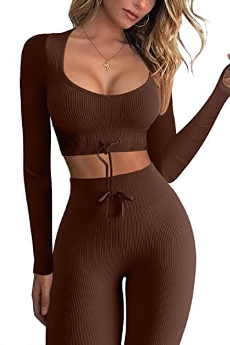QINSEN Women's Seamless Workout Set - Long Sleeve Crop Top and High Waist Leggings