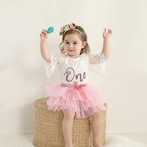 Weixinbuy Baby Girl 1st Birthday Outfit with Tulle Romper + Tutu + Flower Headband
