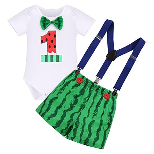 IMEKIS Baby Boys 1st & 2nd Birthday Cake Smash Outfit Romper Shorts Suspenders 1-2T