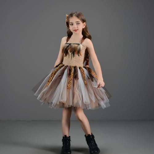 IMEKIS Toddler Girl Cavegirl Halloween Costume with Headband and Leopard Tutu