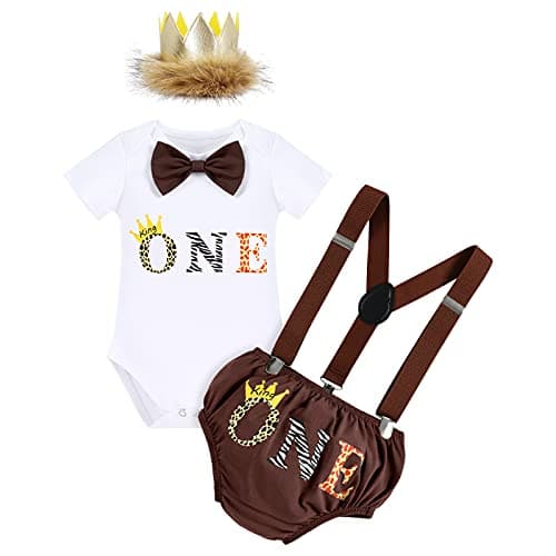 IMEKIS Baby Boys 1st Birthday Jungle Safari Romper Suspenders Shorts Hat Set