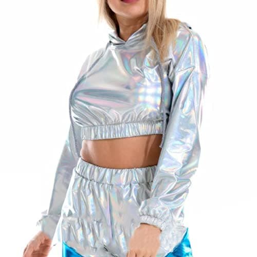 Bornpom Metallic Cropped Hoodie Sweatshirt for Women