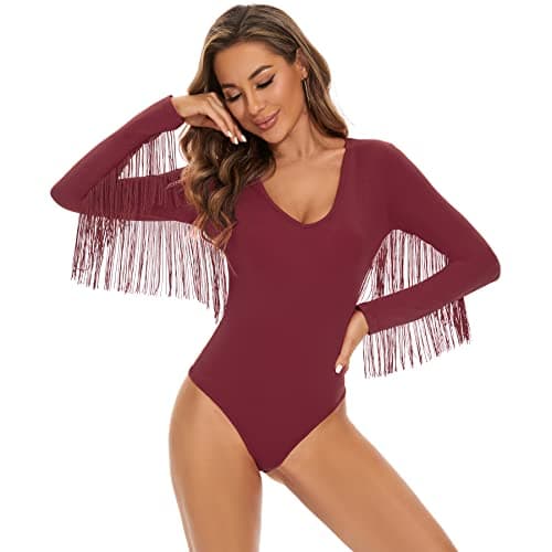 Zando Women's Fringe V-Neck Long Sleeve Bodysuit