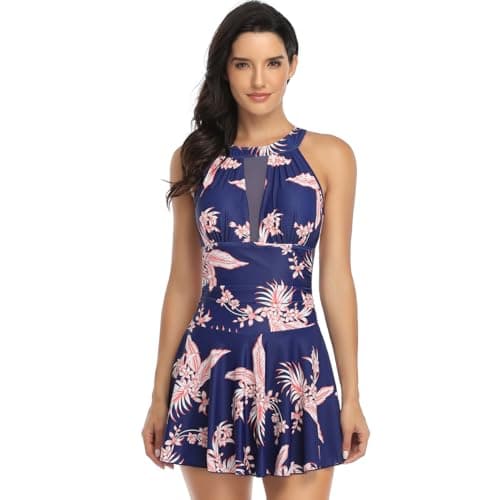 IMEKIS Women's Summer Floral Print Halter Backless Tummy Control Swim Dress