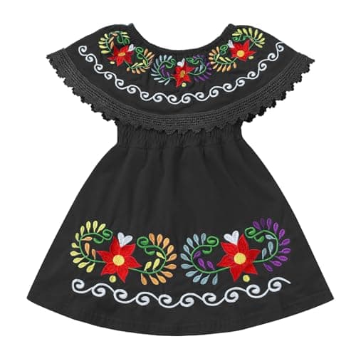 IMEKIS Toddler Girls Mexican Floral Embroidered Dress Birthday & Halloween Costume