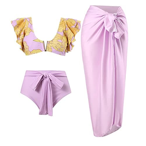 IMEKIS Women's 3-Piece Ruffle Floral Print Vintage Bikini Swimwear for Summer Holiday