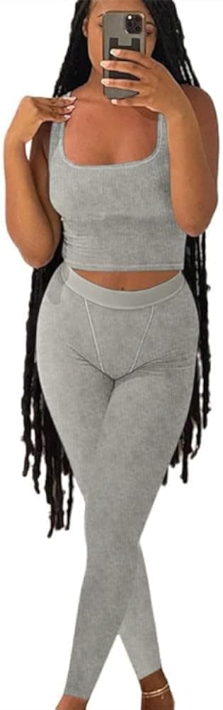 ZFLM Casual Women's Workout Set Ribbed Tank Top & High Waist Leggings