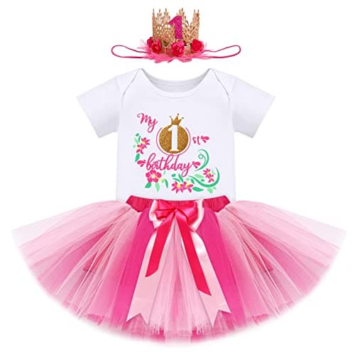 IBTOM CASTLE Baby Girl 1st Birthday Floral Lace Romper & Tutu Set+Crown Photo Clothes