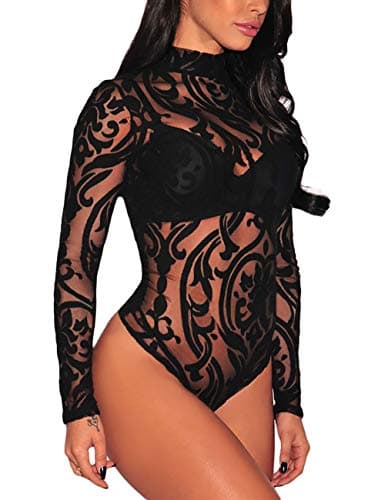Sheer Mesh Turtleneck Bodysuit for Ladies