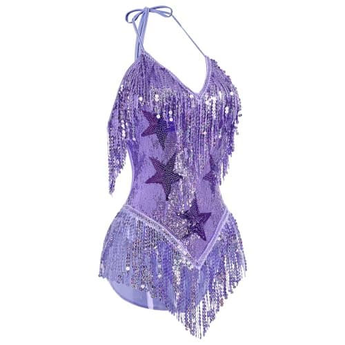 FYMNSI Women's Rave Bodysuit: Sleeveless Sequin Tassel Leotard for Nightclub and Halloween