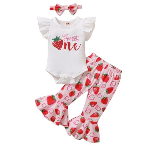 YOUNGER TREE Baby Girl 1st Birthday Outfit: Romper & Flared Pants