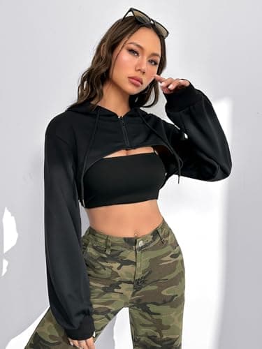 Super Crop Hoodie Sweatshirt with Zipper and Drawstring
