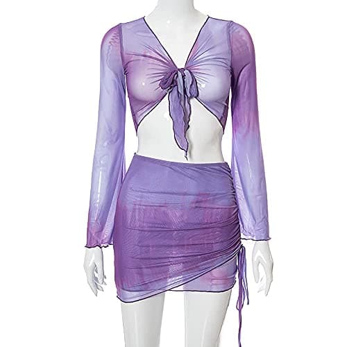 SHESEEWORLD Women's Sexy Long Sleeve Ruched Crop Top & Sheer Mini Skirt Sets
