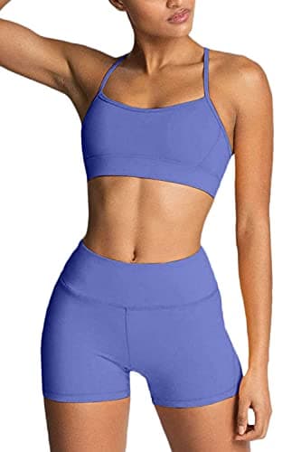 IWEMEK Women's High-Waisted Biker Shorts & Cross Back Sports Bra Gym Set