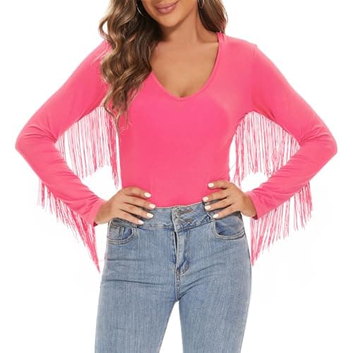 Zando Women's Fringe V-Neck Long Sleeve Bodysuit