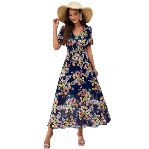 Boho Floral Printed Chiffon Maxi Dress for Women in Summer