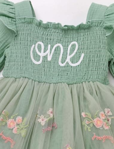 ODASDO Baby Girls First Birthday Square Neck Ruffle Tutu Romper Dress with Bow Headband