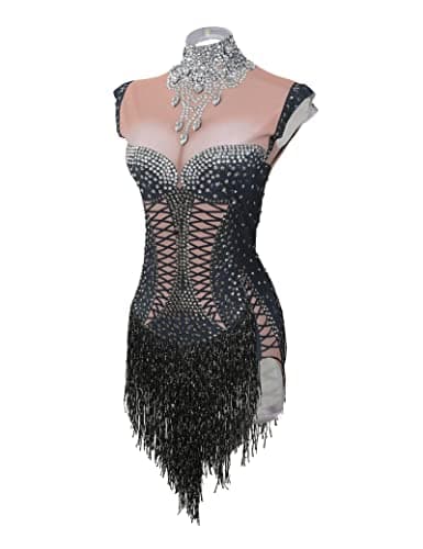 YUANTONG Sparkly Rhinestone High Neck Sleeveless Fringe Drag Queen Dance Costume