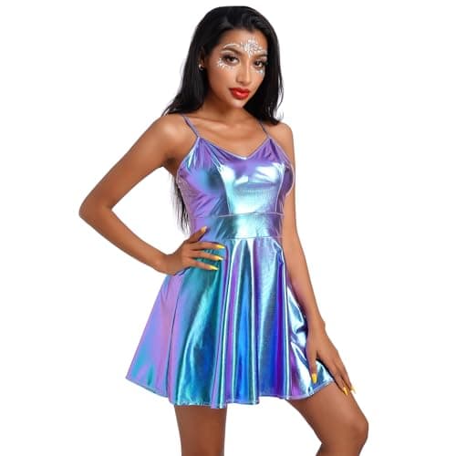 IMEKIS Women's Metallic Holographic Alien Cowgirl Disco Dress
