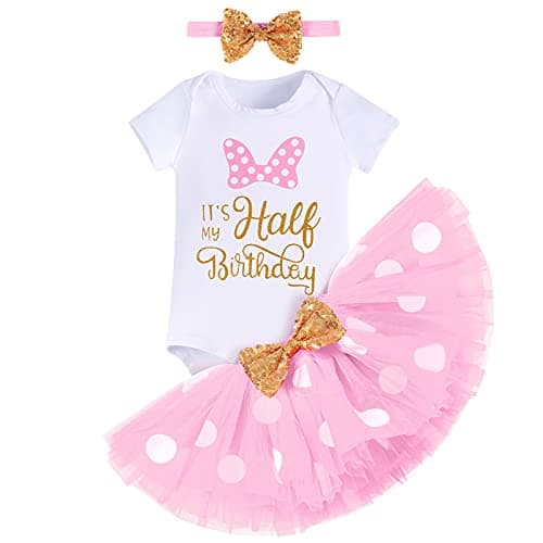 Baby Girls 1st Birthday Outfit Polka Dots ONE Romper Tutu Skirt Ears Cake Smash Costume for Photo Shoot