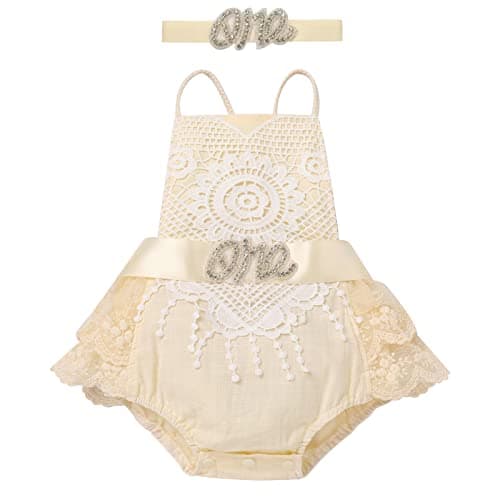 IMEKIS Baby 1st Birthday Photograph Props Boho Lace Romper + Headband + Sash Belt Set