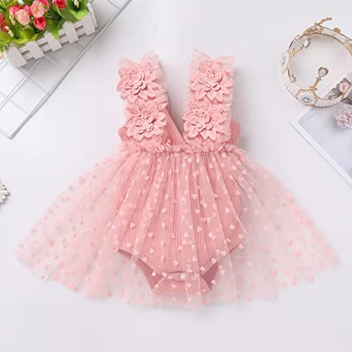 Newborn Baby Girl 1st Birthday Lace Tulle Romper Dress with Floral Headband