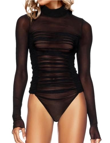 Sheer Mesh Turtleneck Bodysuit for Ladies