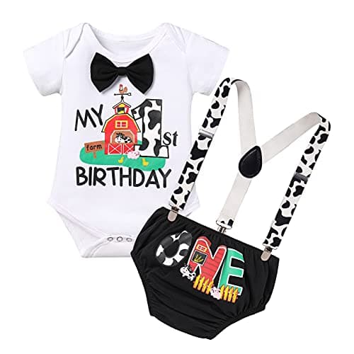 IMEKIS Baby Boys Farm Animals 1st Birthday Cake Smash Outfit with Suspenders Shorts