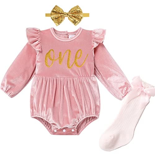 IBTOM CASTLE Baby Girl Velvet Romper Bow Headband Christmas Outfit