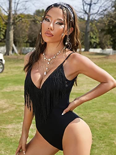 SweatyRocks Women's Fringe V-Neck Sleeveless Tassel Bodysuit
