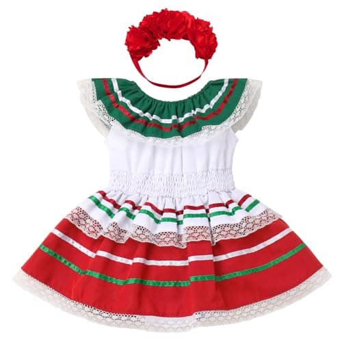 Baby Girl Mexican Fiesta Romper Dress with Flower Headband