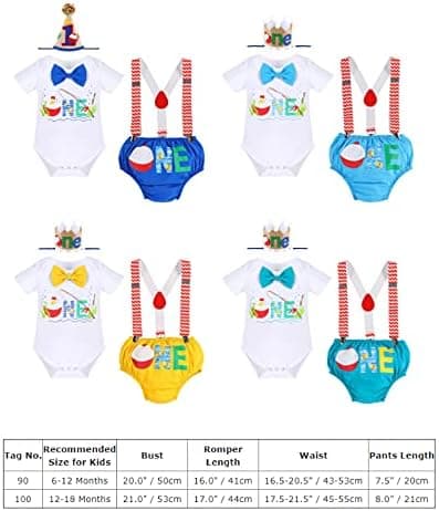 Baby Boys Fishing 1st Birthday Outfit Cake Smash Bowtie Romper + Shorts + Suspenders + Hat Clothes Set for Photo Shoot