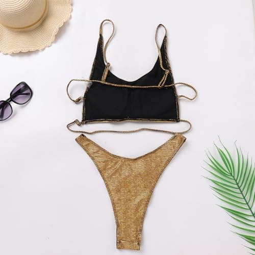 FYMNSI Sparkly Cami Crop Top & Cheeky Bikini Bottoms 2PCS Strappy Outfit