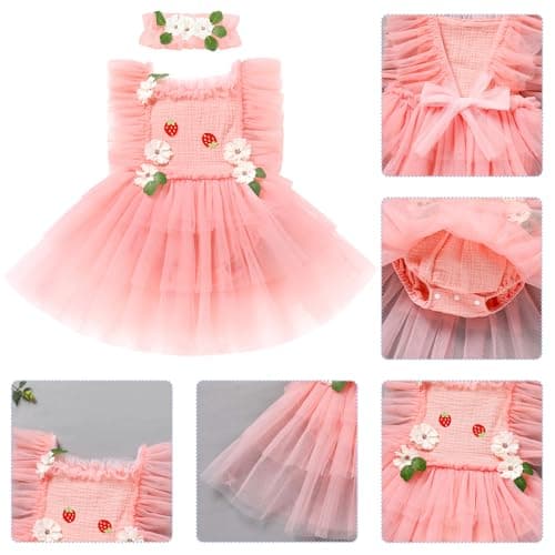 IMEKIS Baby Girls 1st Birthday Bee Floral Strawberry Dress Romper with Headband
