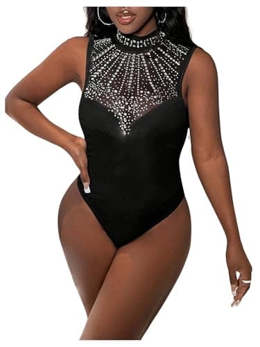 MakeMeChic Women's Rhinestone Glitter Mesh Mock Neck Party Bodysuit
