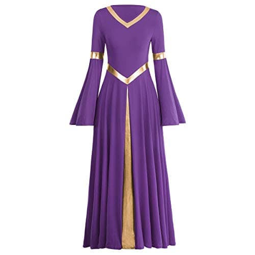 IMEKIS Metallic V Neck Praise Dance Dress Bell Sleeve Robe for Women