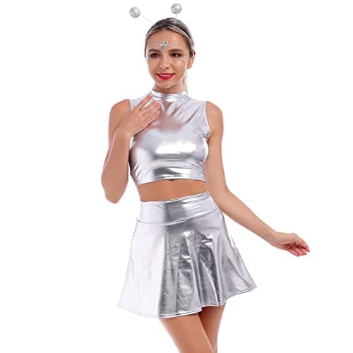 Alien Costume Metallic Crop Top + Holographic Mini Skirt + Headband - Halloween Rave Outfit