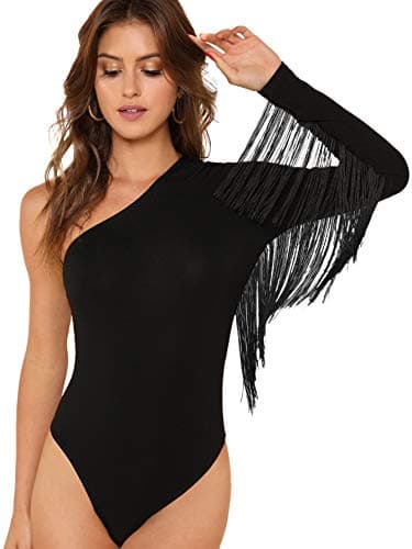 Women's Fringe Trim One Shoulder Bodysuit Top by Verdusa