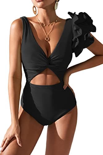 SPORLIKE Women Twist Front Flounce Padded One Piece Swimsuit