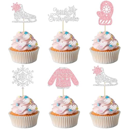 Gyufise 24 Pack Blue Silver Glitter Snowflake Cupcake Toppers for Winter Birthday
