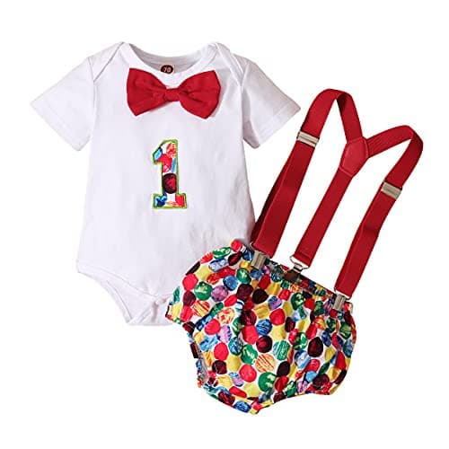Baby Boy First Birthday Outfit with Bunting Flag Bow Tie Bodysuit Shorts Suspenders