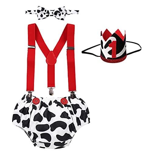 Farm Cow 1st Birthday Outfit for Baby Boy: Shorts, Suspenders, Headband, Bowtie