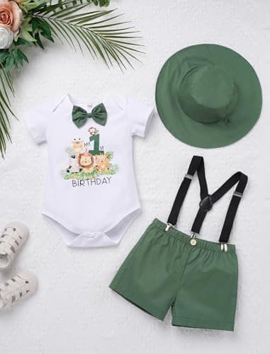IMEKIS Baby Boys 1st Birthday Jungle Safari Romper Suspenders Shorts Hat Set