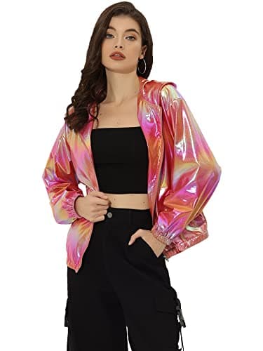 Holographic Shimmer Zipper Hooded Metallic Jacket for Women